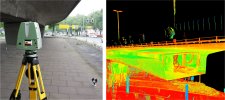 Laser scan of an existing bridge (l.) and resulting 3D point cloud (r.); Source: Vermessungs- und Katasteramt, Düsseldorf